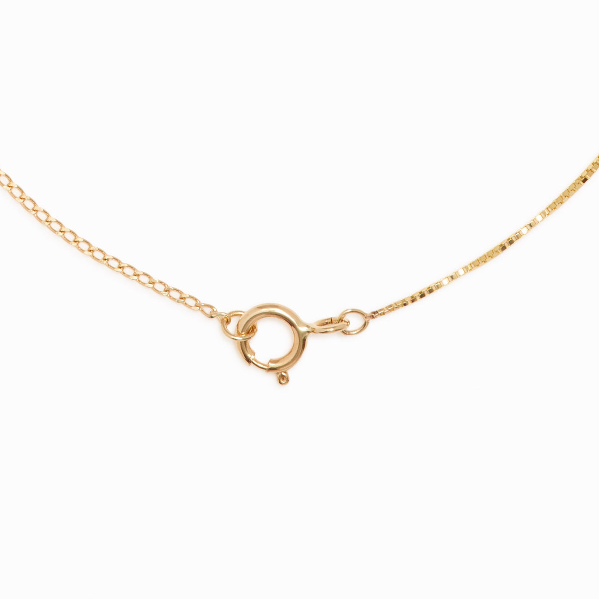 Close-up of the clasp on a delicate 14k gold box chain necklace on a clean white background