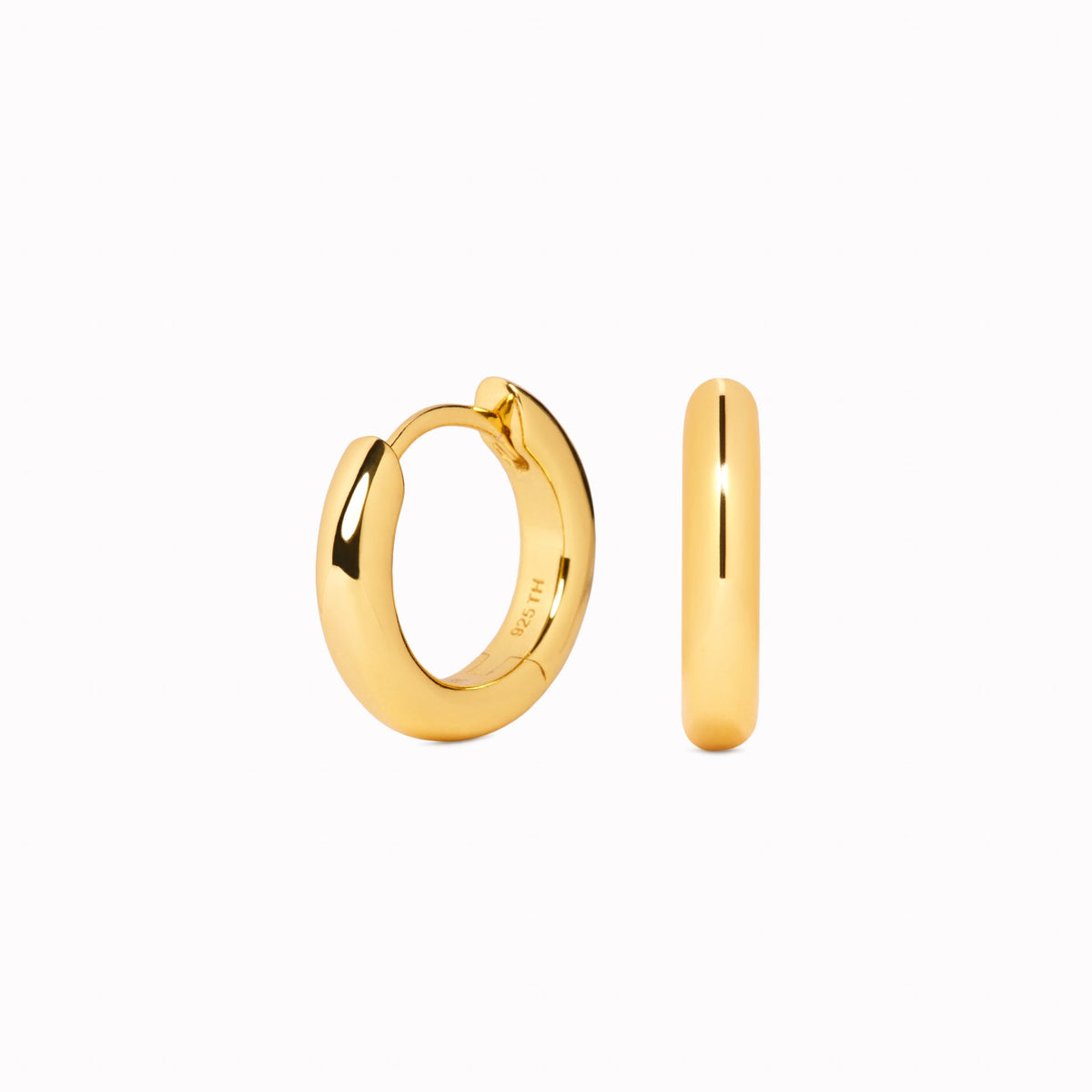 Chunky Huggie Hoop Earrings - Dione in polished gold vermeil shown from front and side on white background