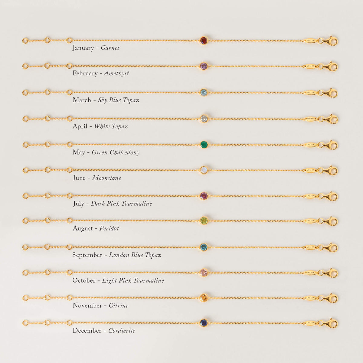 Twelve delicate Gold Vermeil birthstone bracelets arranged horizontally on a white background, each featuring a small round gemstone and labeled by month.