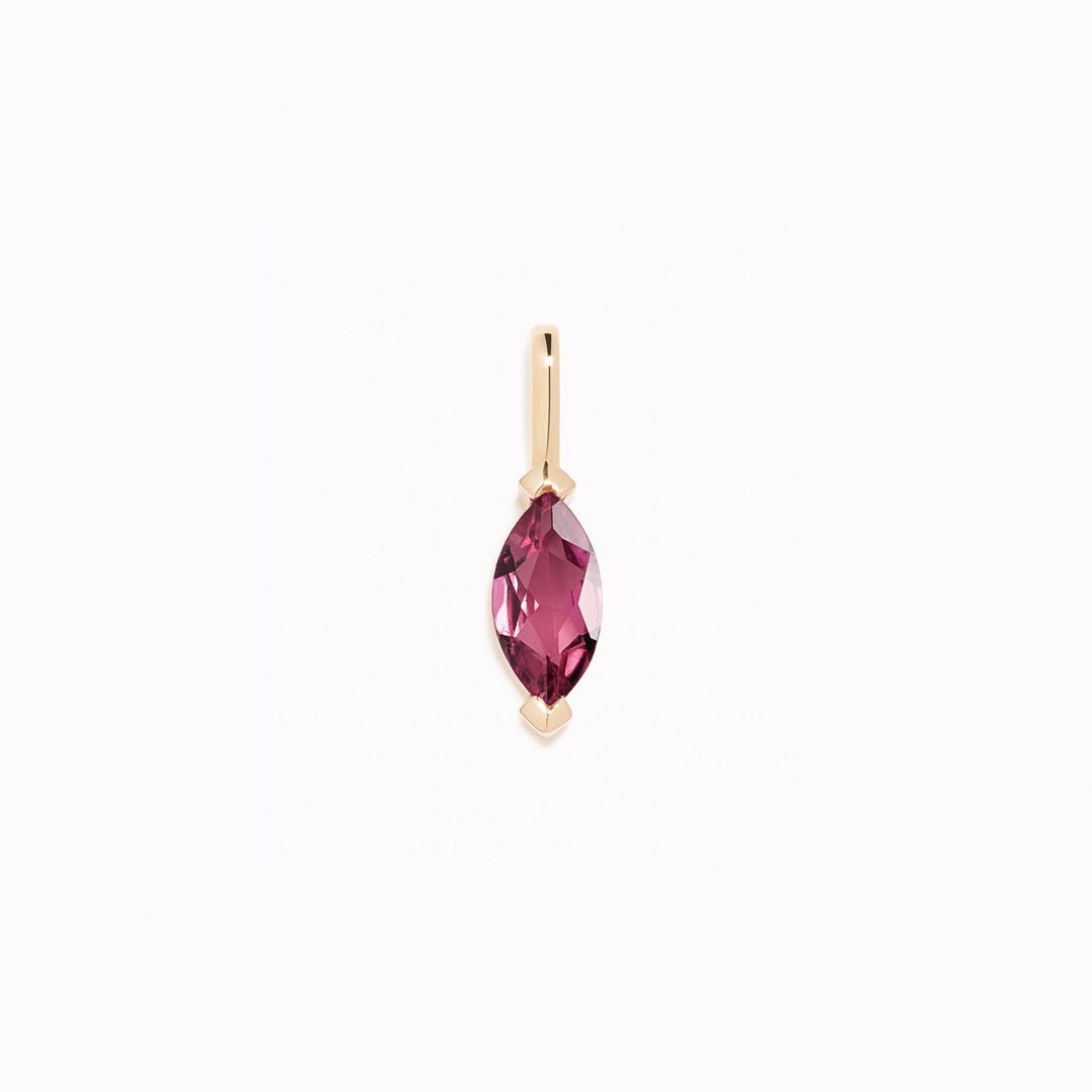 July Birthstone Pendant 14k Gold - Pink Tourmaline marquise-cut gemstone set in polished gold loop on white background