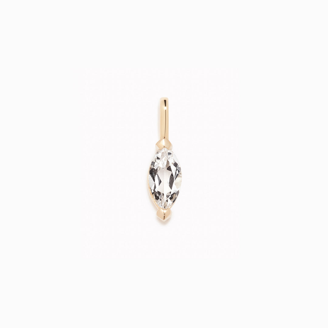 April Birthstone Pendant 14k Gold - White Topaz marquise-cut gemstone set in polished 14k gold on white background