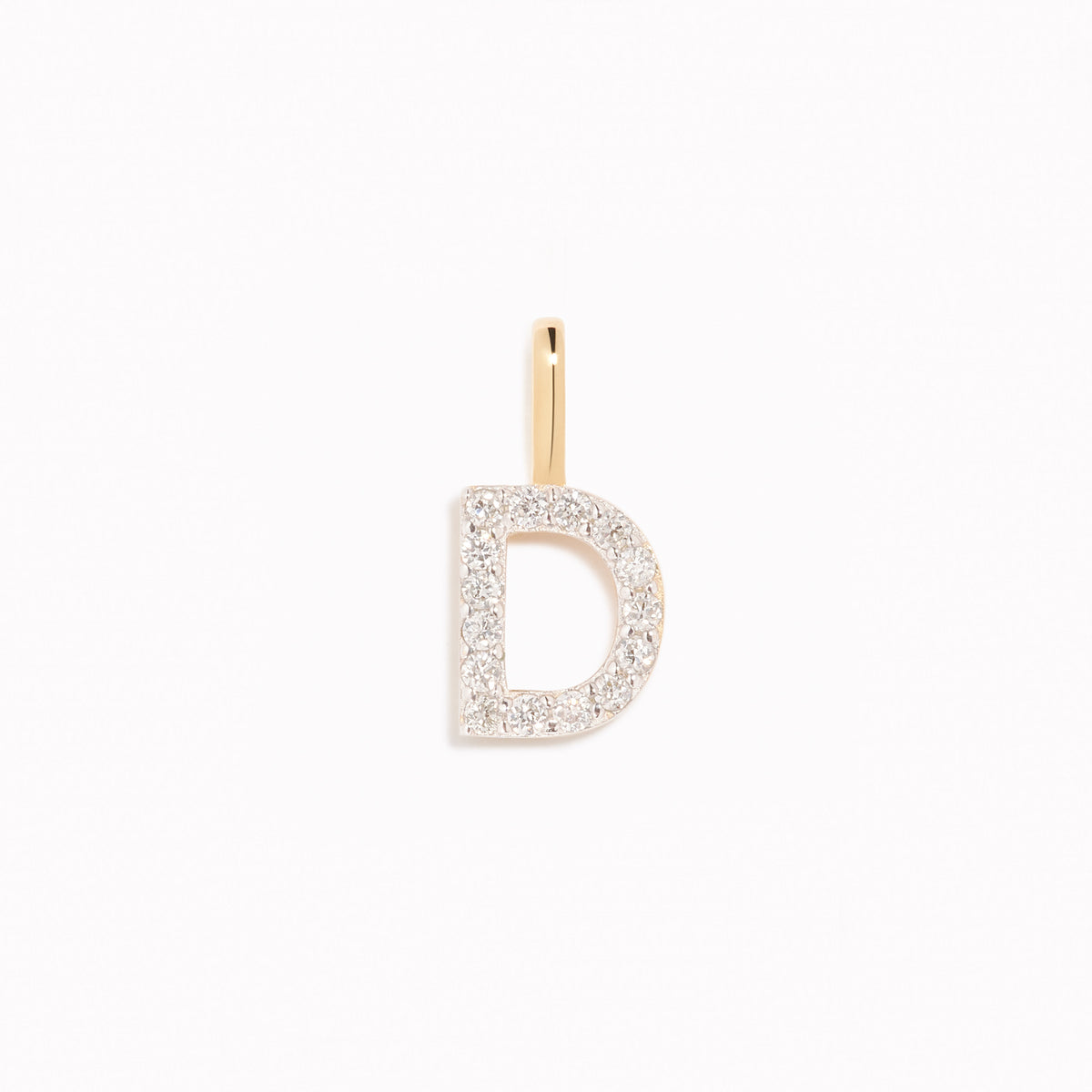 Diamond Initial Pendant 14k Gold - D with brilliant diamonds set in a polished gold charm on white background
