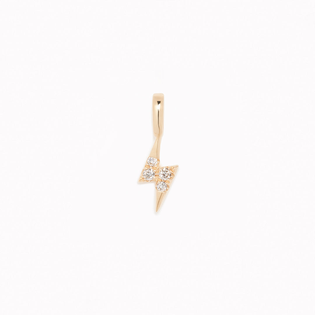 Diamond Lightning Bolt Charm 14k Gold with round diamonds set in yellow gold on a white background