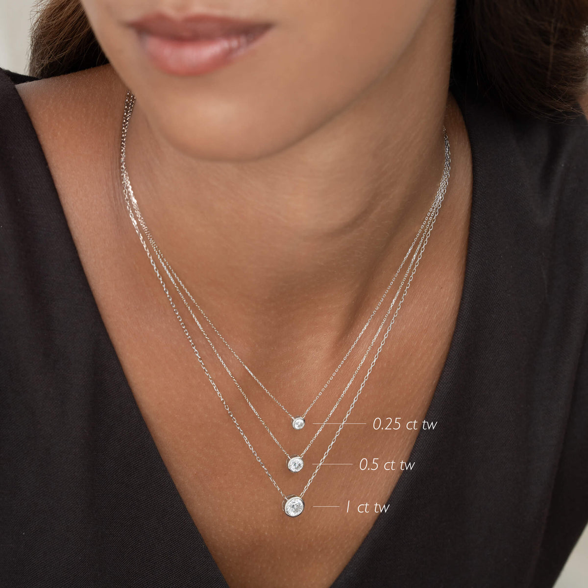 A close-up shot of a person wearing three layered White Gold necklaces, each featuring a round brilliant diamond solitaire pendant in a bezel setting. Text labels point to each pendant indicating different sizes: the top, smallest pendant is labeled "0.25 ct tw", the middle one is "0.5 ct tw", and the bottom, largest one is "1 ct tw".