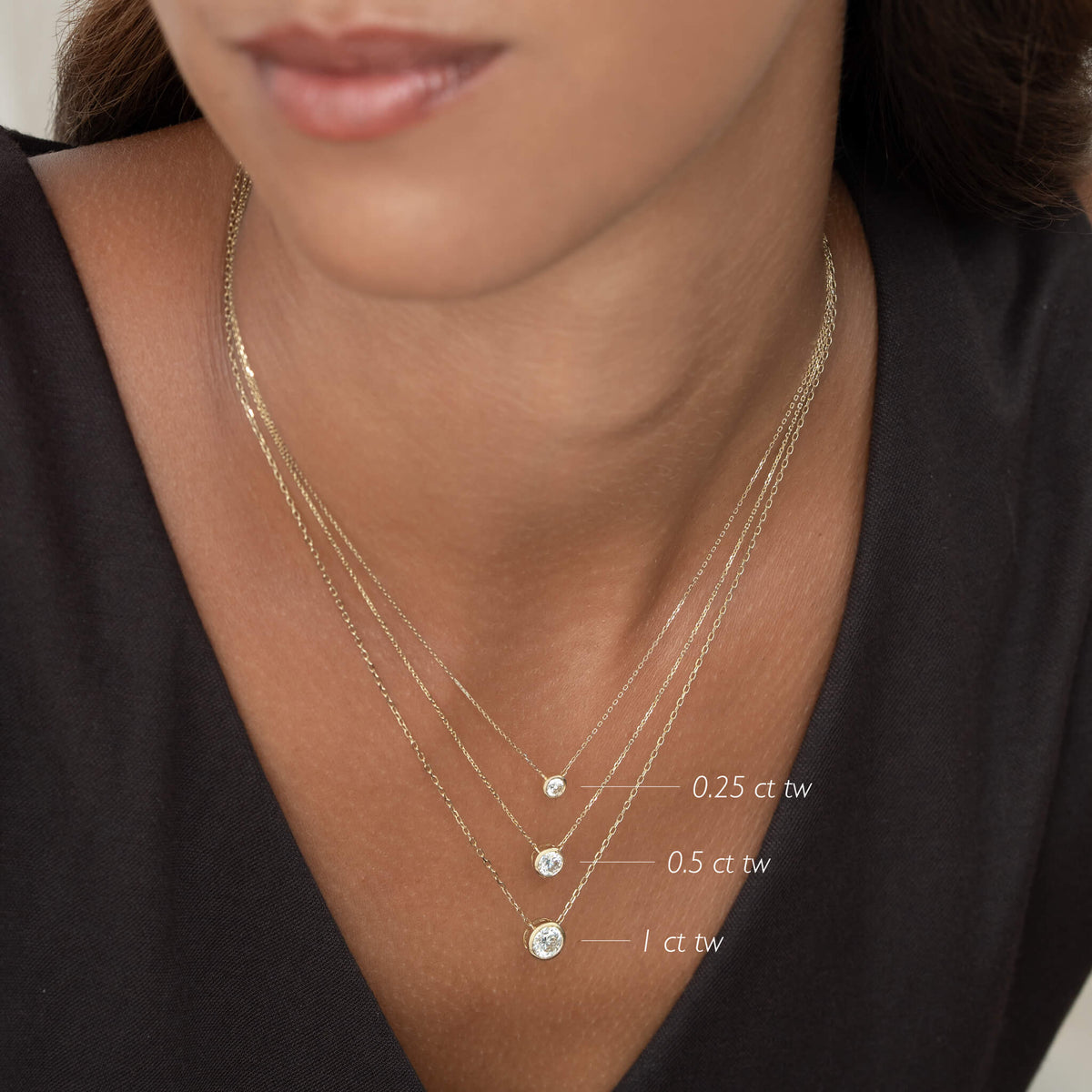 Close-up of a woman wearing a gold necklace with three diamond pendants, labeled with their respective carat weights.