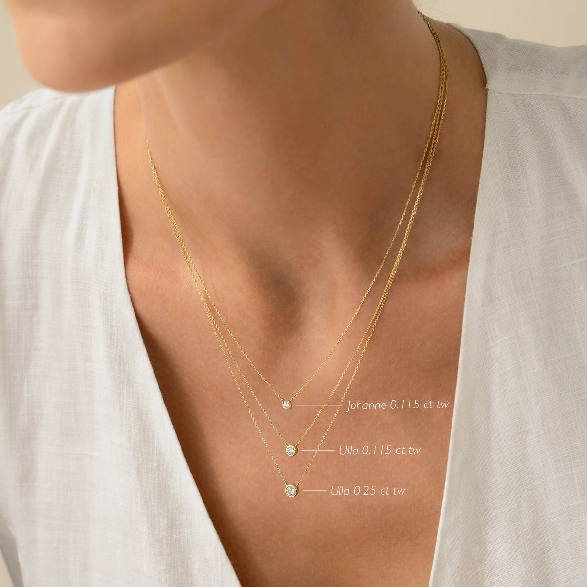 Three silver necklaces on a person's neck with labels