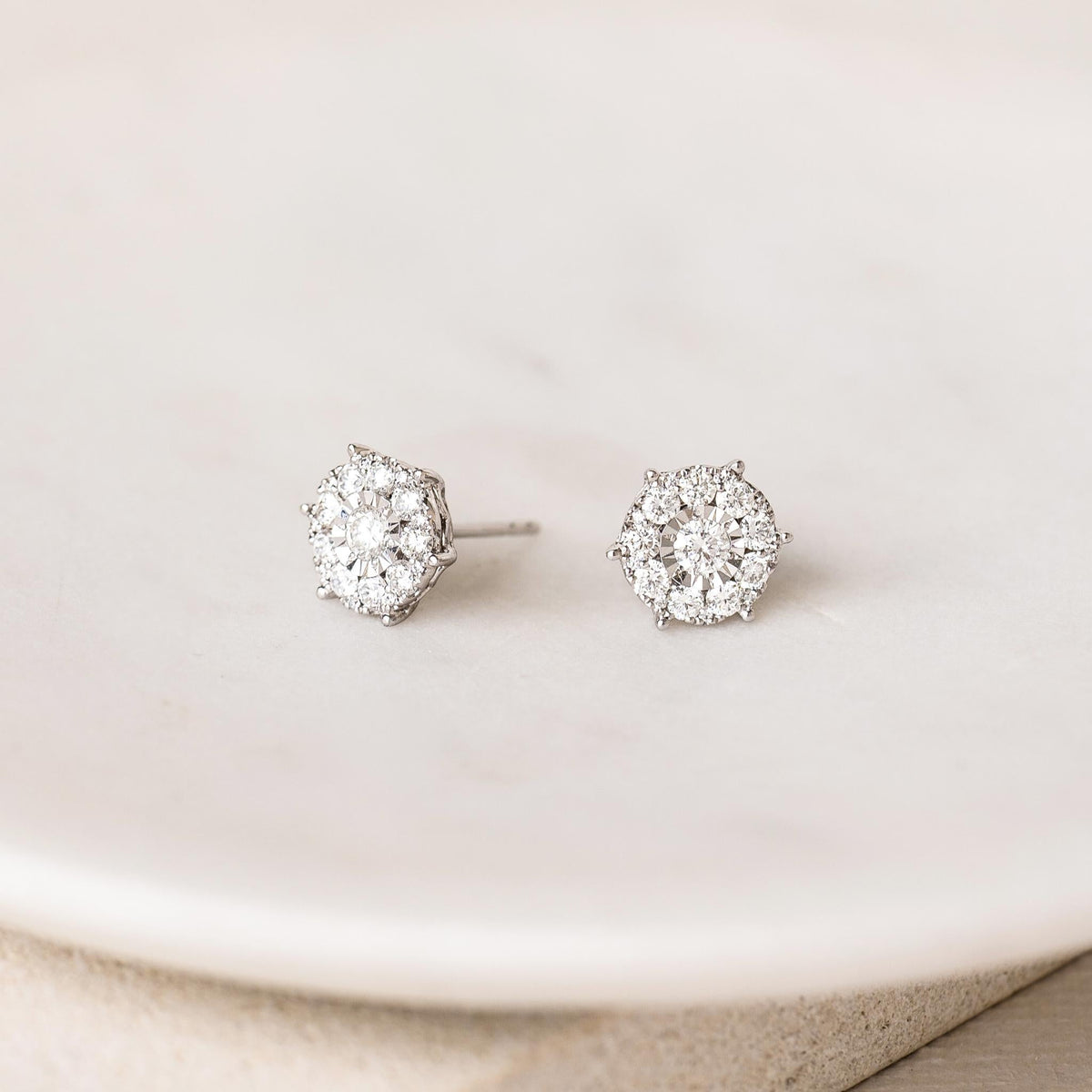 Diamond Earrings - 3 Carat Miracle Plate with 38 round-cut diamonds set in 14k white gold on a neutral background