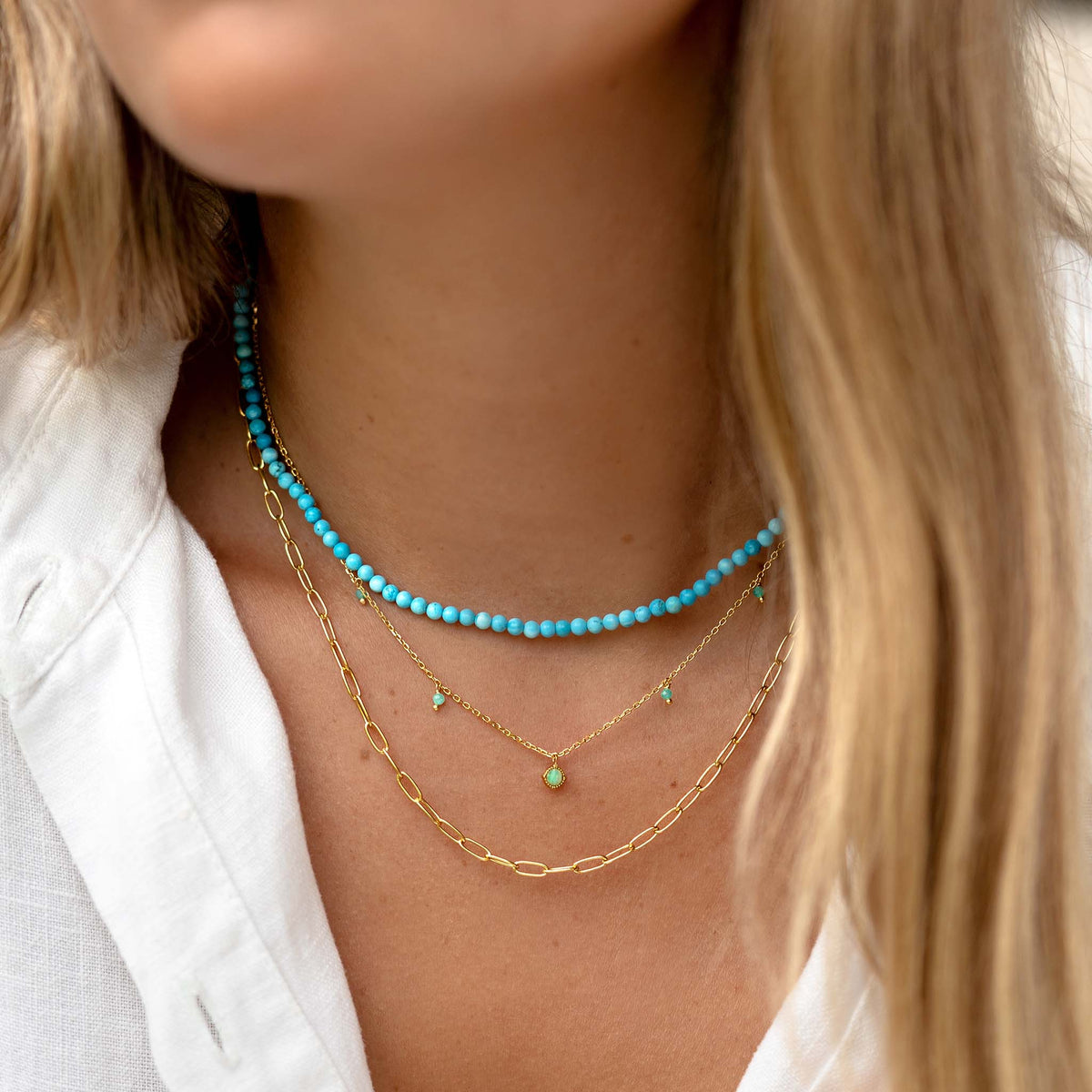Gold vermeil paperclip necklace layered with amazonite gemstone necklace and turquoise necklace