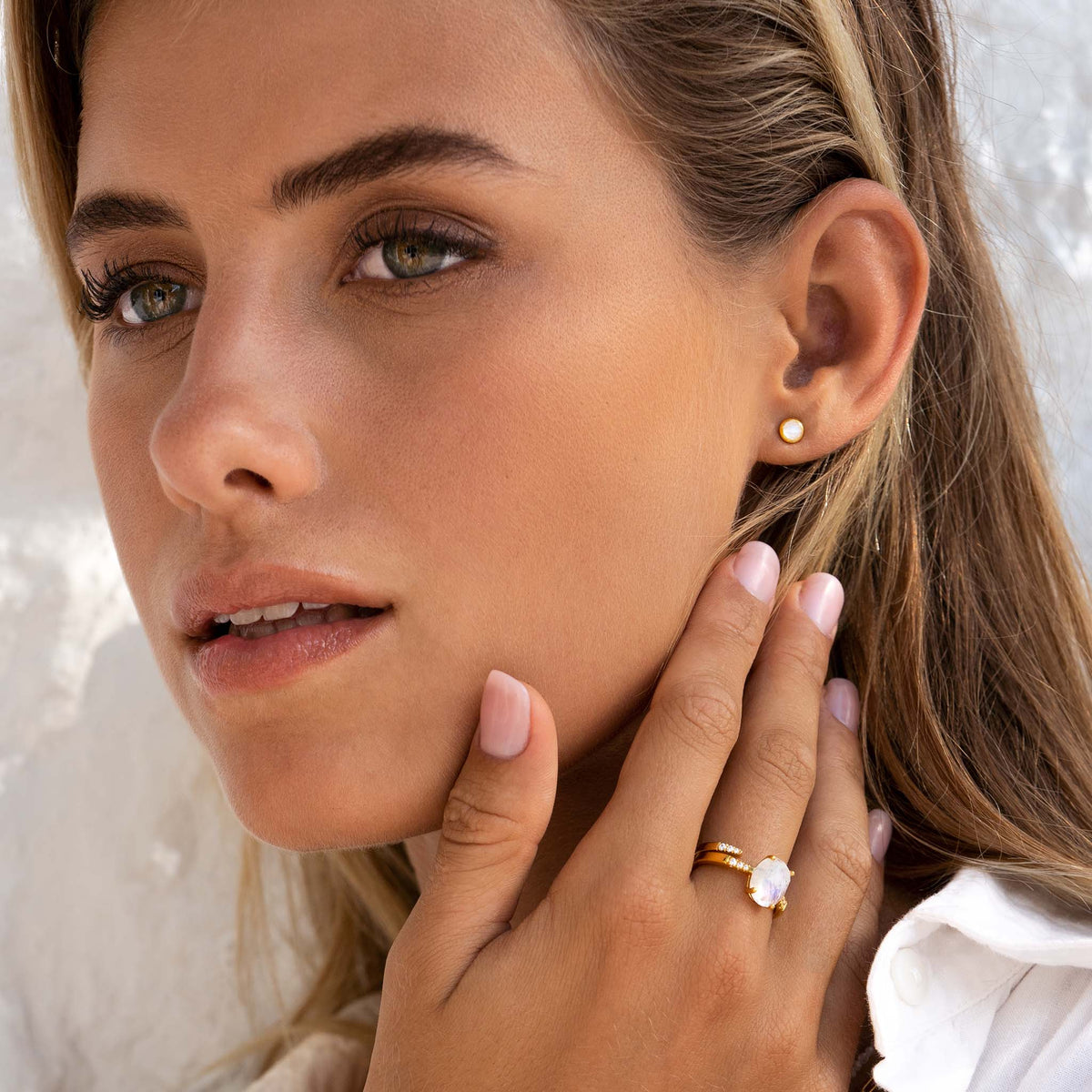 Rainbow moonstone earring studs and ring set on model
