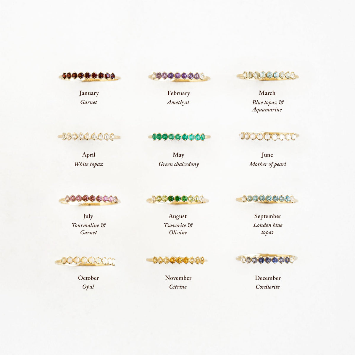 Twelve delicate 14k gold birthstone rings featuring gemstones for each month, including December Birthstone Ring 14k Gold - Ombre Cordierite