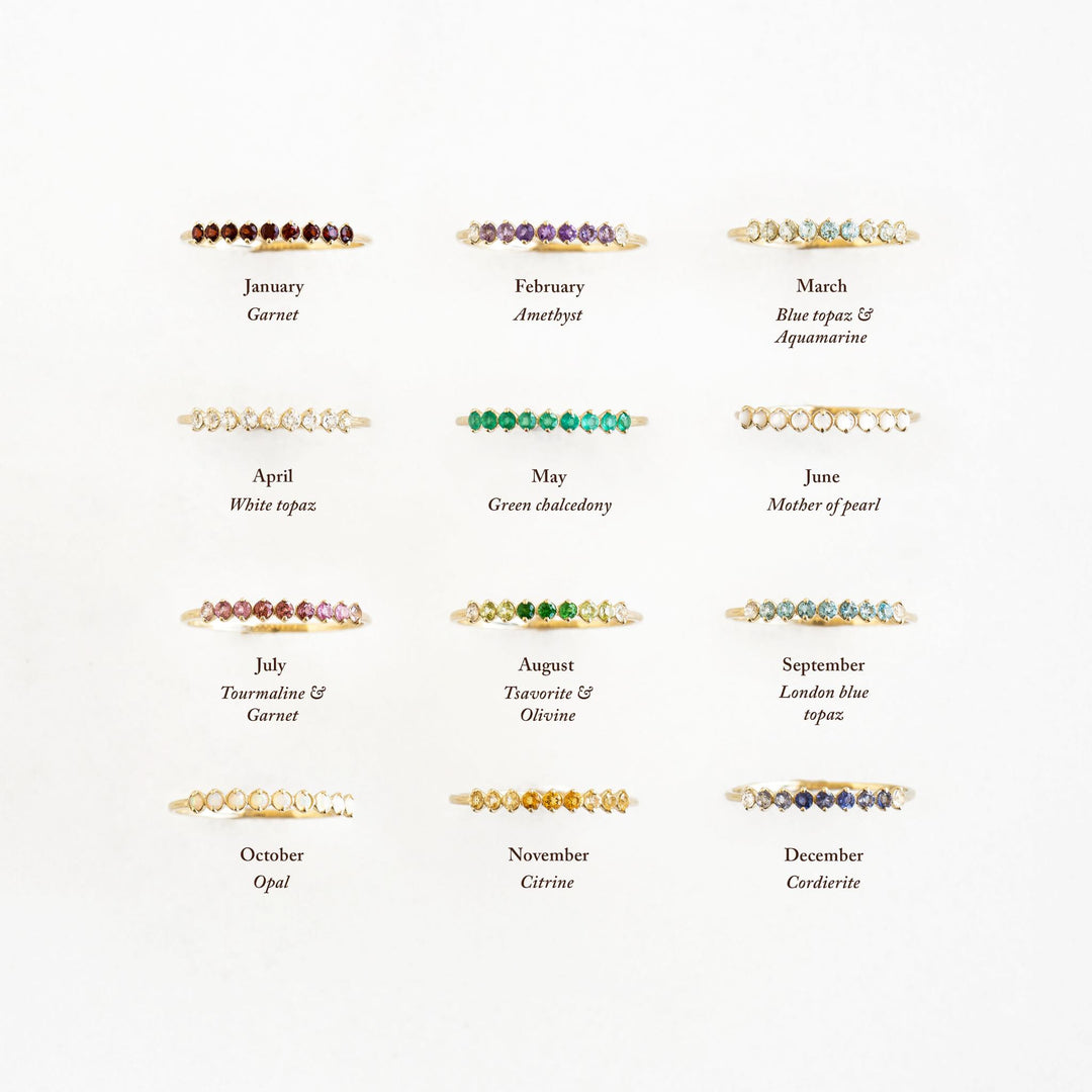 Twelve delicate 14k gold birthstone rings including November Birthstone Ring 14k Gold - Ombre Citrine shown on a white background