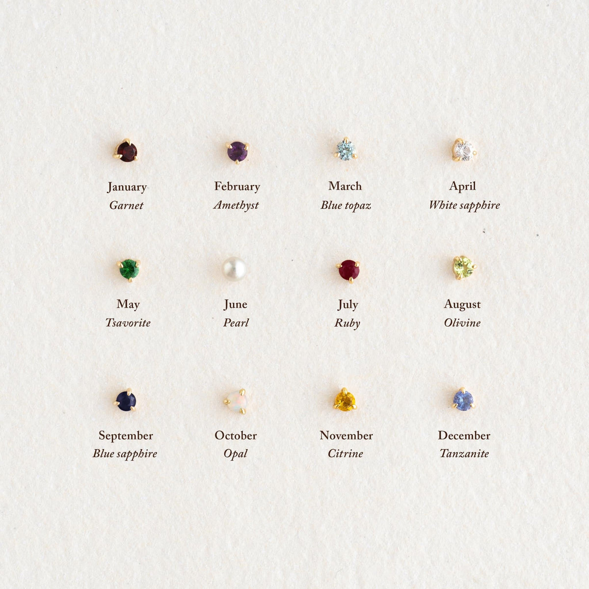 November Birthstone Stud Earrings 14k Gold - Citrine surrounded by other birthstone stud earrings arranged on white background