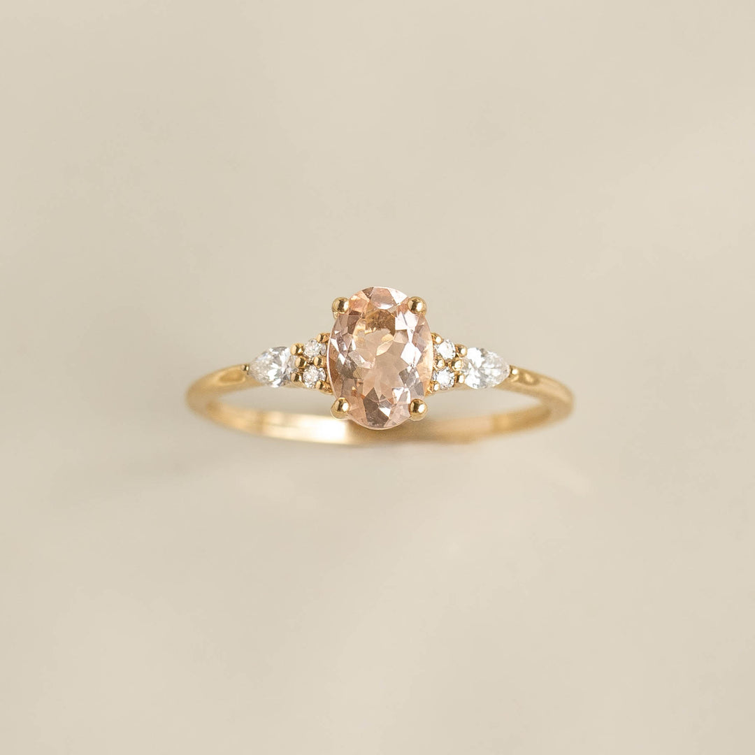 Close-up of Morganite and Diamond Ring 14k Gold - Rochelle featuring oval morganite and diamond accents on gold band
