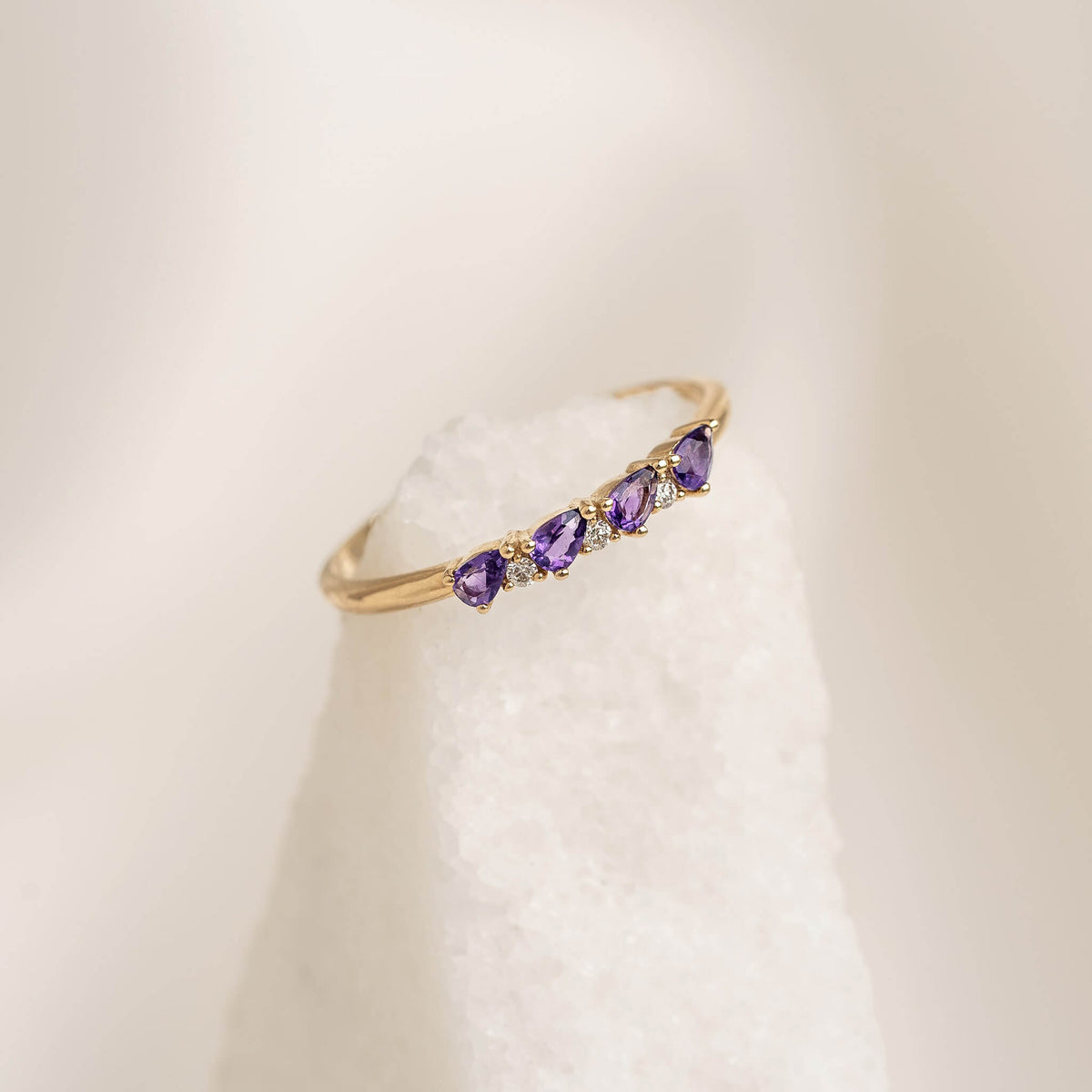 February Birthstone Pear Ring 14k Gold - Amethyst and Diamond with pear cut amethysts and round diamonds on gold band