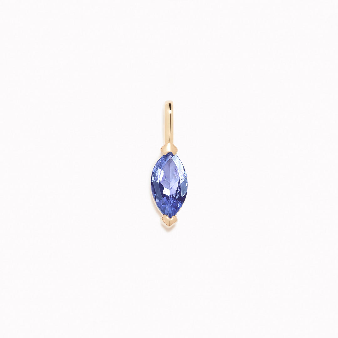 December Birthstone Pendant 14k Gold - Tanzanite marquise-cut gemstone set in a simple gold bezel on white background