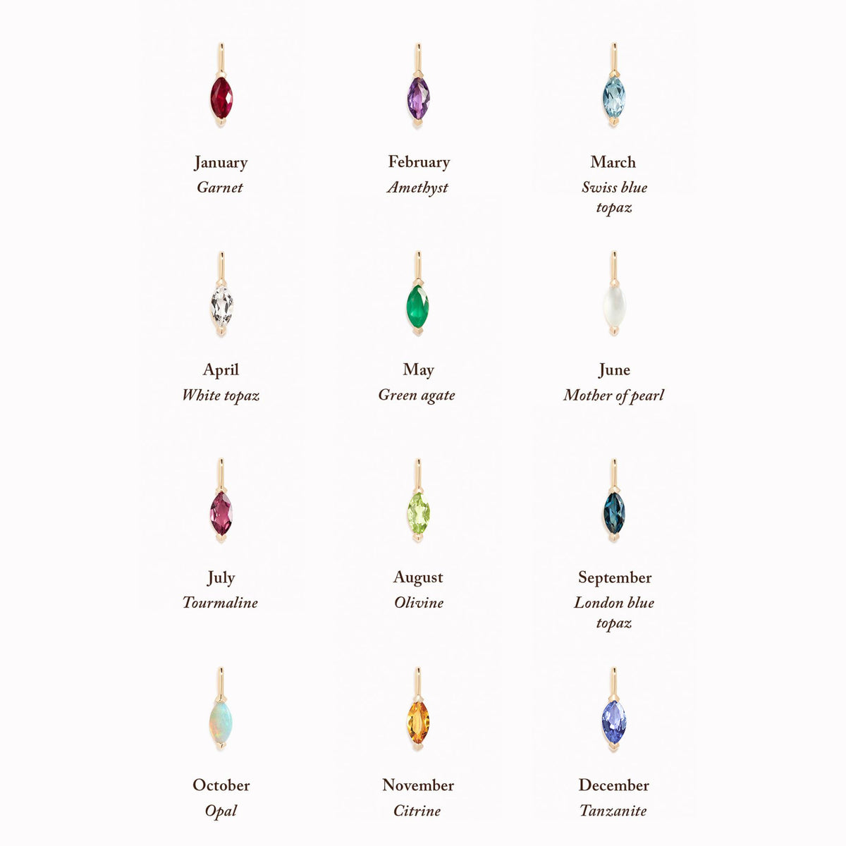 Grid of twelve birthstone pendants with January to December labels featuring June Birthstone Pendant 14k Gold - Mother of Pearl