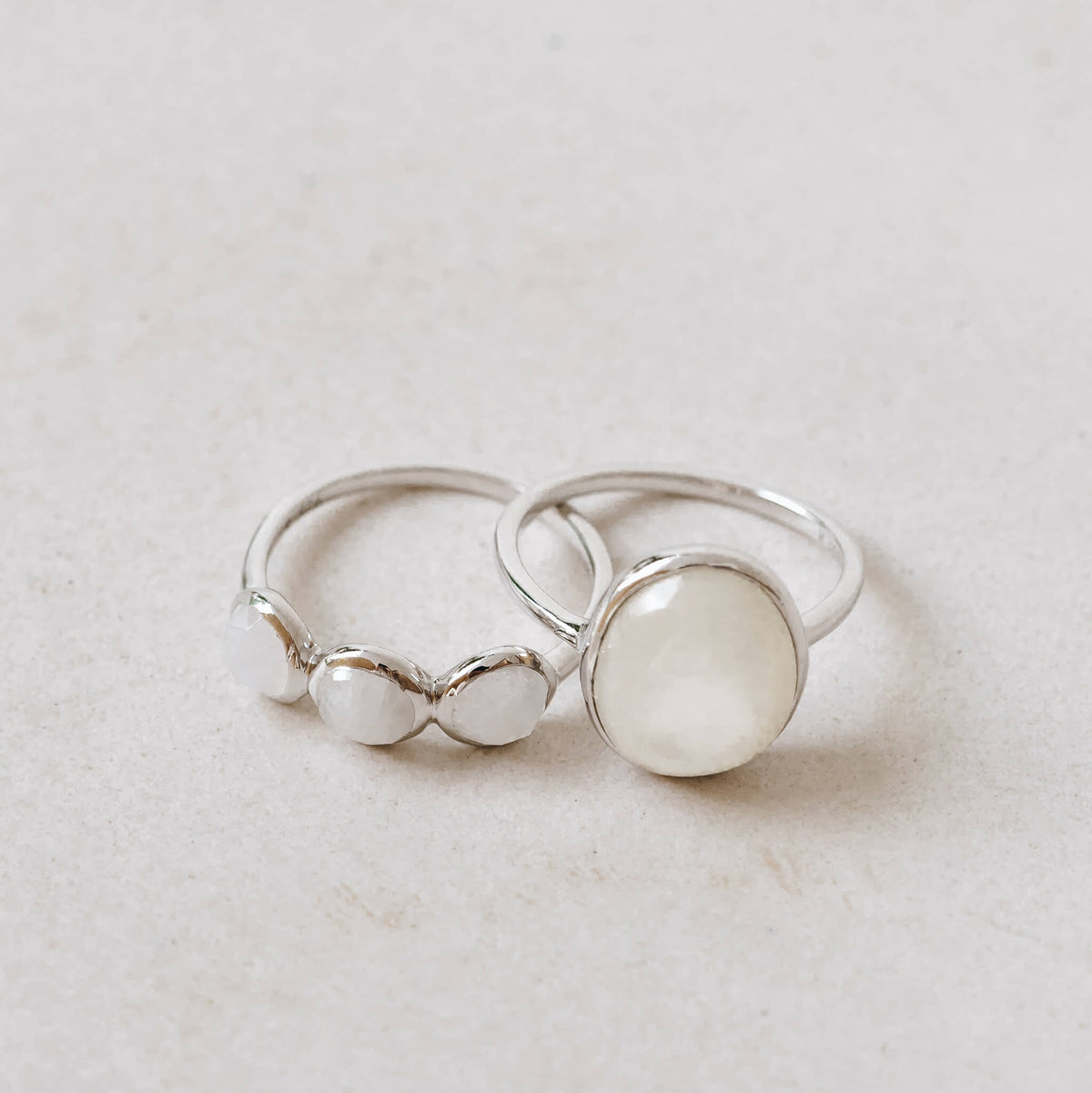 Sterling silver white oval pearl ring and three round moonstone gemstone ring