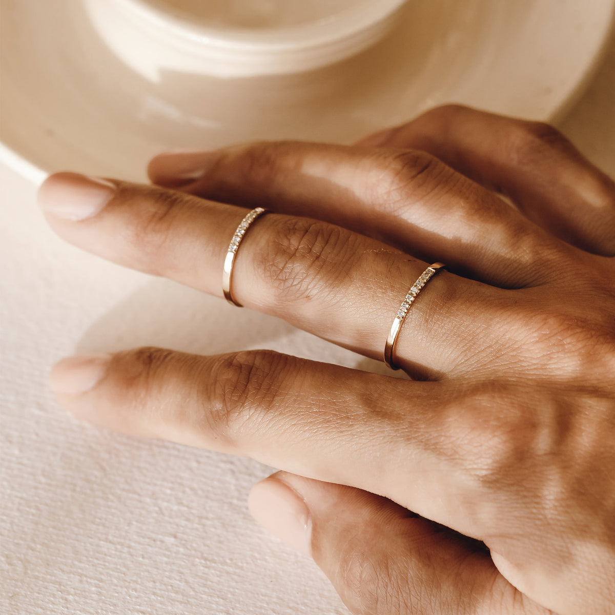 14k gold thin ring with six pave lab grown diamonds 