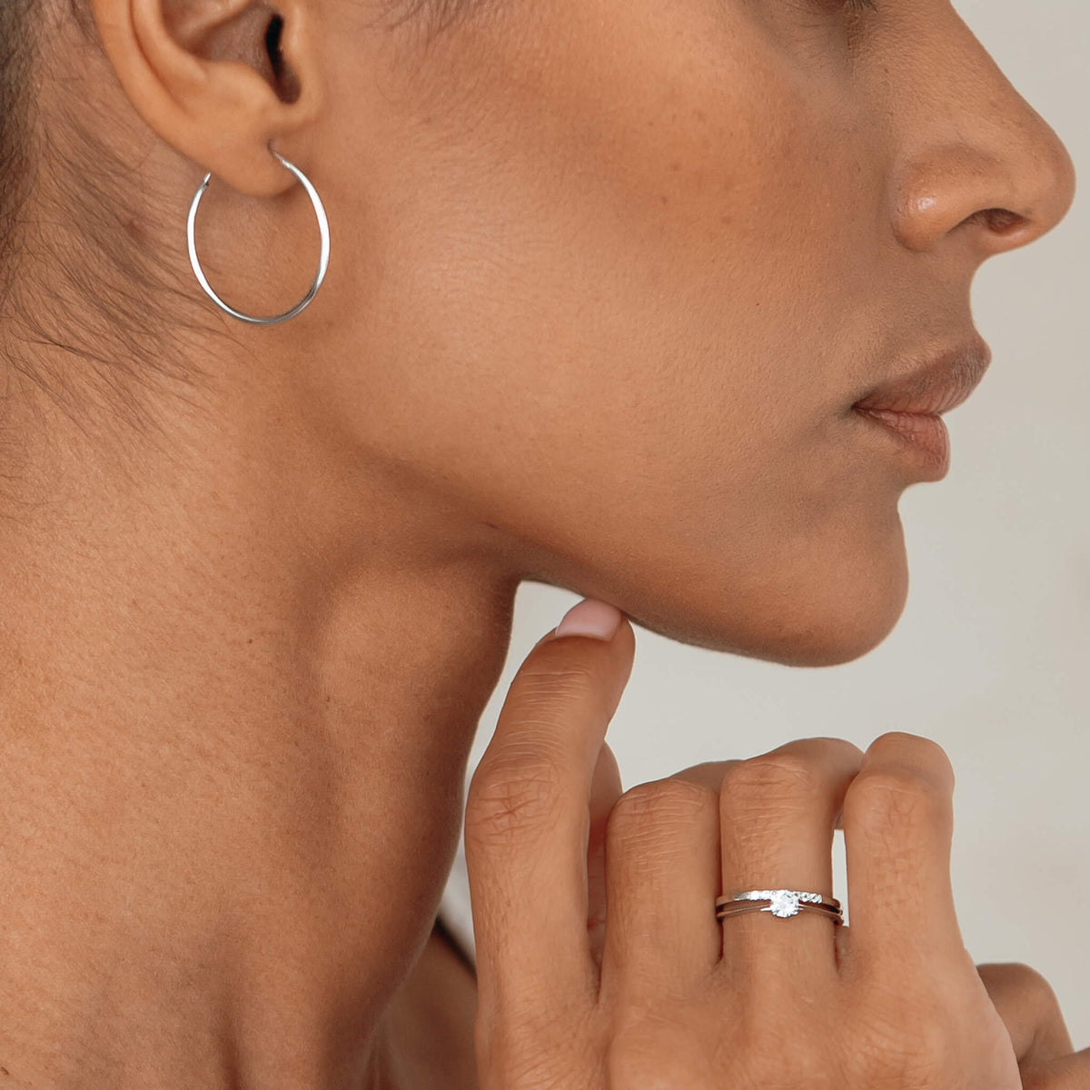 14k white gold lab grown diamond rings on model